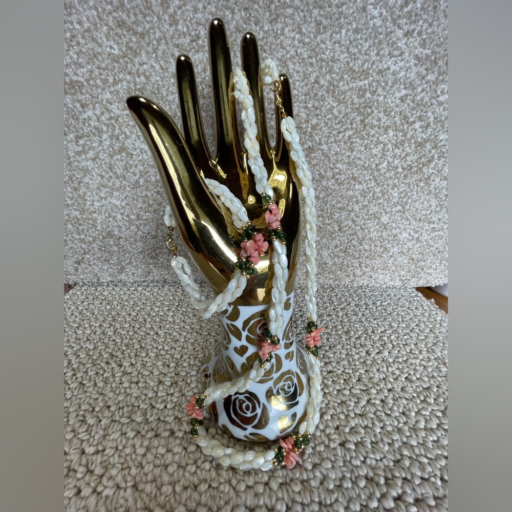 Elegant White Beaded Necklace with Pink Floral Accents